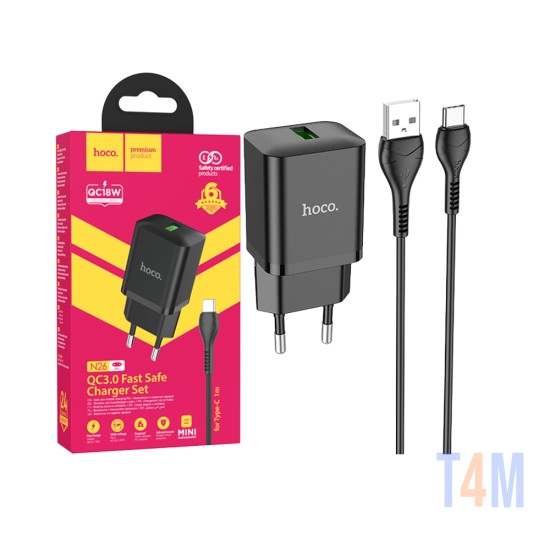 Carregador Hoco N26 Maxim PD18W QC3.0 Tipo-C Cabo 1m Preto